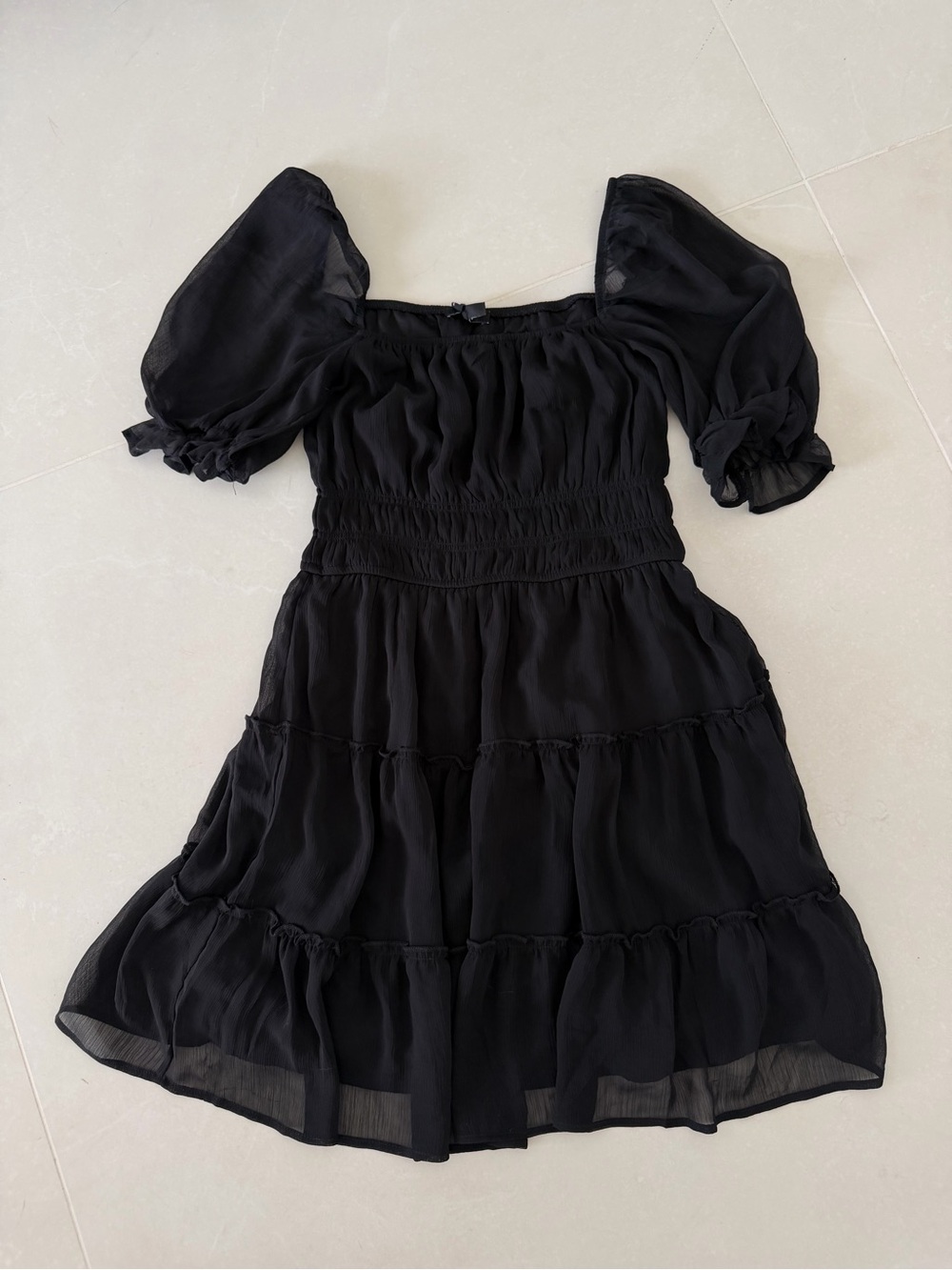 Trixxi Black Puff-Sleeve Smocked Tiered Dress